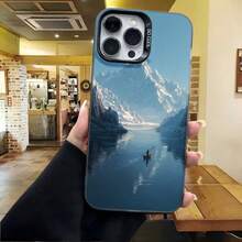 Cubierta de telefono con borde metalico azul con estampado de paisaje montano y lago con texto SO COOL para uso diario en cafeterias - Negro - Ver 4