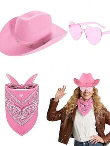 1 Set (Including Hat + Glasses + Scarf) Unisex Cowboy Hat, Suitable For Costume Parties, Includes Cowboy Hat With Buckle, Felt Hat, Funny Party Hat, Cowboy Accessories, 3 Bandanas, Suitable For Adult Cowboy/Western Costume Parties