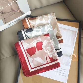 1pc Women's Artistic Floral Print Multicolor Square Scarf, Neck Scarf For Daily Wear, Office Chic & Fashion Statement Layering Accent