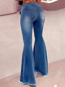 Ripped Raw Hem Flare Leg Jeans Without Belt - Medium Wash - View 4