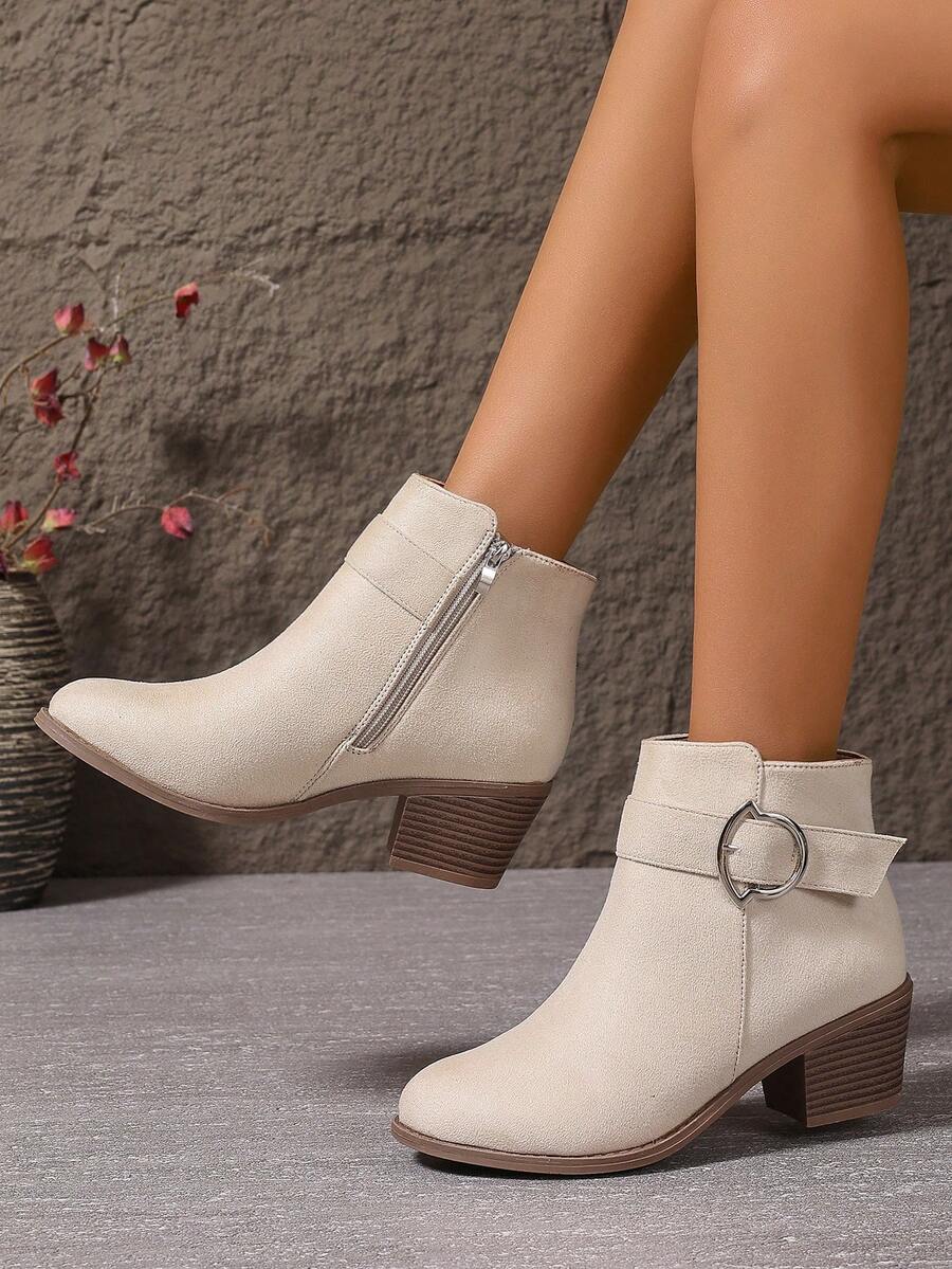 Beige Women's Boots With Strap Buckle Side Zipper Chunky Heel Mid-Heel Round Toe Comfortable Versatile Elegant Commute Daily Ankle Boots, Chelsea Boots - Beige - View 1