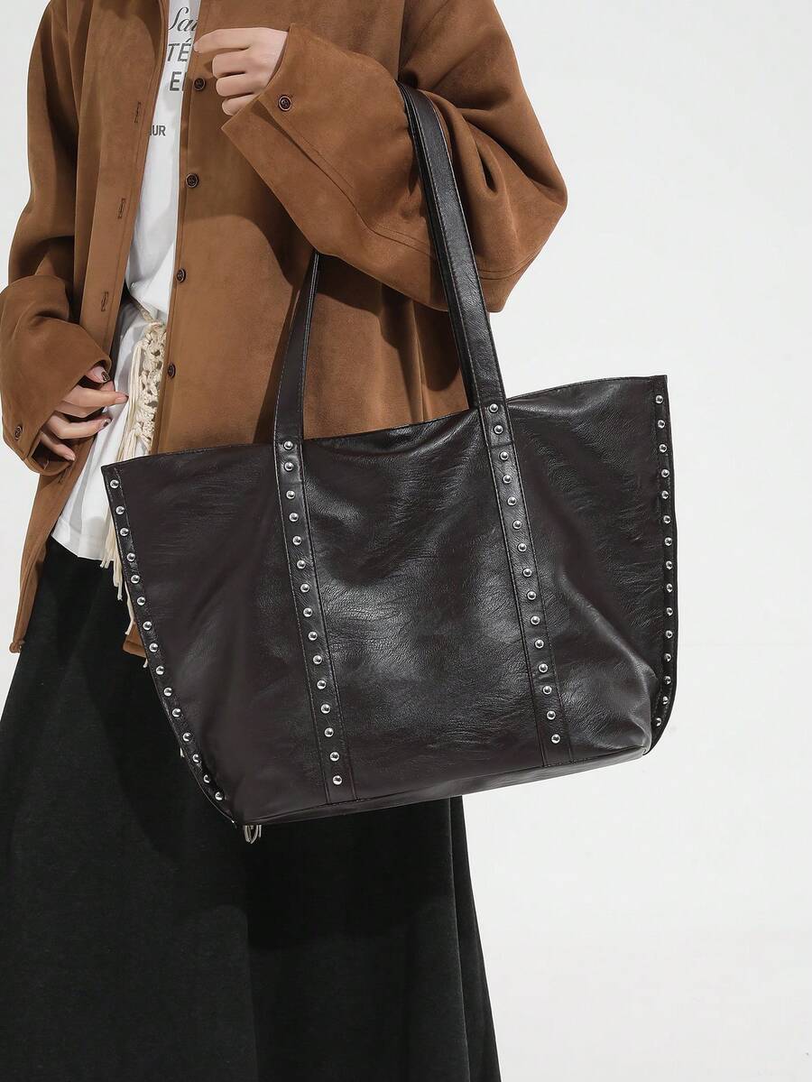 Autumn Winter English Style Tote Bag With Rivet Inlay - Autumn Winter Rivet Tote Bag, English Style Leather Tote, Studded Female Shoulder Bag, Fashion Large Capacity Tote, Rivet Inlay Handbag For Women