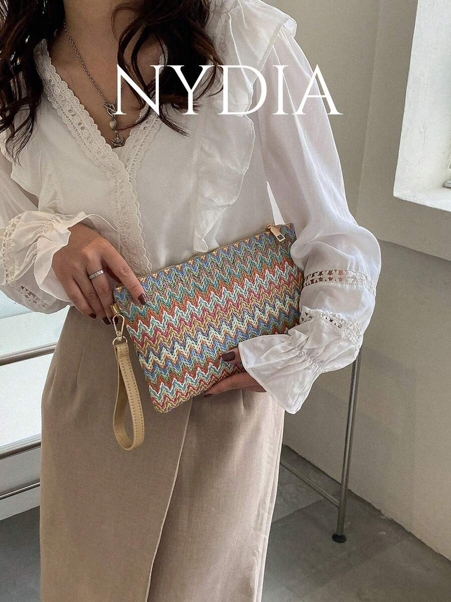 編織z字紋稻草袋配手腕帶,適用於節日/度假/假期 - 彩色 - 查看 1