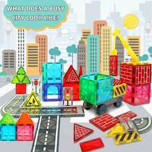 Magnetic Blocks Road Set With Magnet Crane Car Toys, Construction Toys For Kids , Creative Magnetic Building Blocks Toddler Toys, Gifts For Boys & Girls,Accessories Random Color