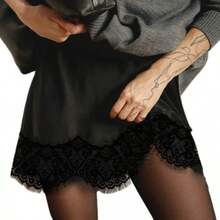 Women Half Slips Eyelash Lace Trim Satin Silk Bodycon Short Mini Skirts High Waist Patchwork Slim Fitted Underskirts Underwear Lingerie Dress - 黑色 - 查看 9