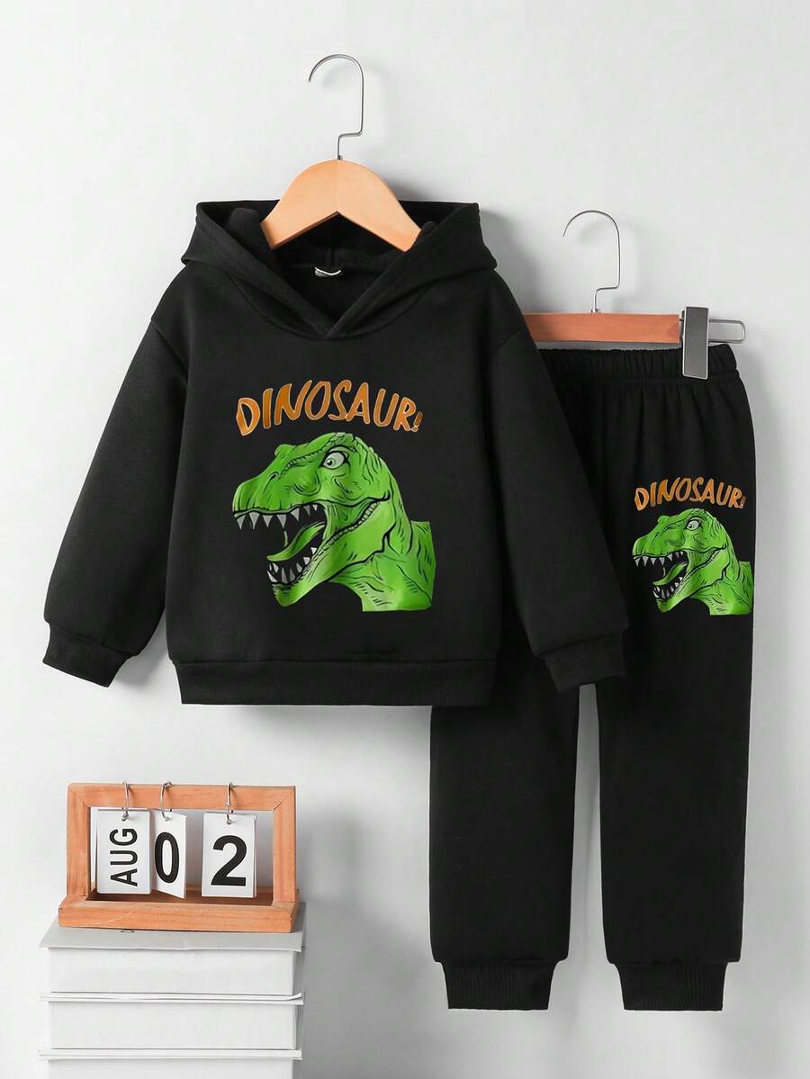 Baby Boys Dinosaur Print Thermal Lined Hoodie Sweatshirt Set, Fashionable & Cool, Autumn/Winter - Black - View 1