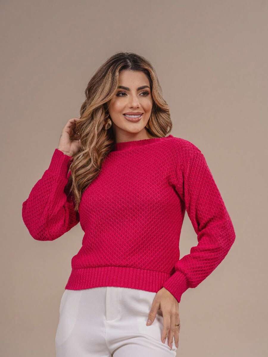 Women's Premium Textured Modal Knit Blouse With Round Neck And Long Sleeves For Winter - Hot Pink - View 1
