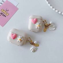 1个可爱卡通猫咪爱心防震耳机套 + 仿珍珠贝壳吊坠蓝牙耳机套，兼容苹果第一代/第二代/第三代/Pro/Pro 第二代，创意设计，适用于新款 Pro 3 - 米色 - 查看 4