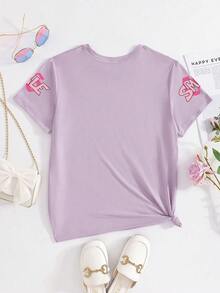 Áo thun in hình nụ cười cho bé gái tuổi teen, áo thun tay ngắn rộng rãi mềm mại thời trang, trang phục thường ngày dạo phố mùa hè, áo bé gái - Màu tím - Xem 3