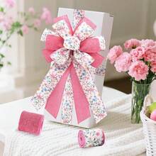 2 Rolls Pink Floral Wired Ribbon With Bow Pattern - 2.5 Inch Wide, 10 Yards Total, Elegant Wedding Decor, DIY Gift Wrapping, Craft Supplies, Shabby Chic Floral Bow Ribbon, Summer Decor,Pink - 粉色 - 查看 8