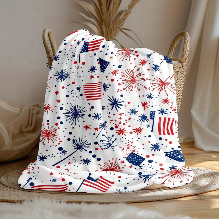 1 Piece 280g Heavy Patriotic American Flag Fireworks Star Design Flannel Blanket - Suitable For All Seasons, Soft And Warm, For Sofa, Bed, Car, And Outdoor Use, Modern Style Gift, Wearable Blanket, Comfortable Home Decor, Holiday Decoration, Thickened Fabric, Multi-Functional Throw Blanket, Comfort Enthusiast, Fashionable Throw Blanket, Durable Structure, Decorative Throw Blanket, Great Gift - 彩色 - 查看 1