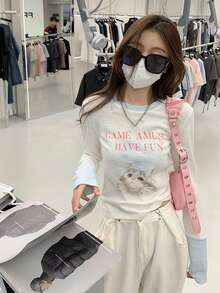 女士休闲字母和小猫印花长袖T恤，春秋季 - 白色 - 查看 8