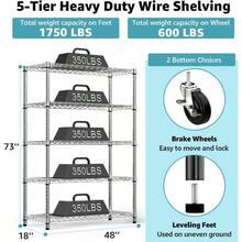 5 - Shelf Storage Shelves, Wire Shelving Heavy Duty Metal Storage Shelving Unit Adjustable Garage Shelving Rack Pantry Kitchen Black, 5 Tier, 17. Inch Dx 47.2 Inchx 76. Inch H - 五層置物架,尺寸:深 17.7 英吋 x 寬 47.2 英吋 x 高 76.7 英吋 + 鍍鉻 - 查看 3