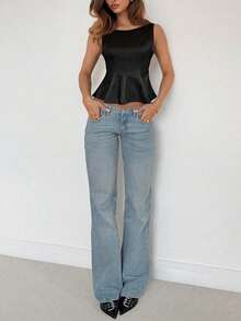 女士宽松圆领黑色吊带背心，露背设计，优雅波西米亚风格，商务休闲办公穿着，秋冬季 - 黑色 - 查看 5