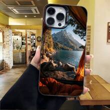 Cubierta de telefono con borde duro para iPhone 15 Pro Max Negro con estampado de paisaje montano y lago Ideal para uso diario y viajes - Blanco - Ver 4