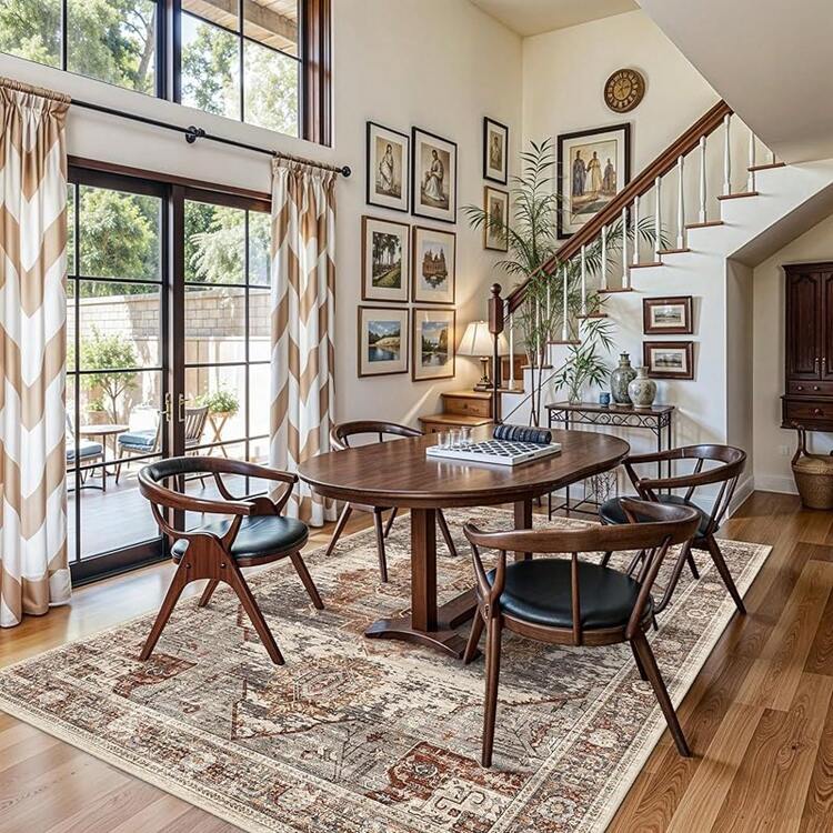9x12 Area Rugs Living Room - Large Boho Stain-Resistant Rugs With Non-Slip Backing, Vintage Design Bedroom, Beige/Brown, Home Decor Floor - Gạch - Xem 3