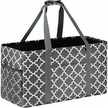 GhvyenntteS Extra Large Utility Tote Bag - Stand Up Utility Tote With Metal Wire Frame & Hard Bottom Board, Reusable Grocery Bags With Handles For Storage, Picnics, Beach, Pool, Laundry, Car, Camping,GreyLattice-1Pack - 灰色格子 - 1 包 - 查看 1
