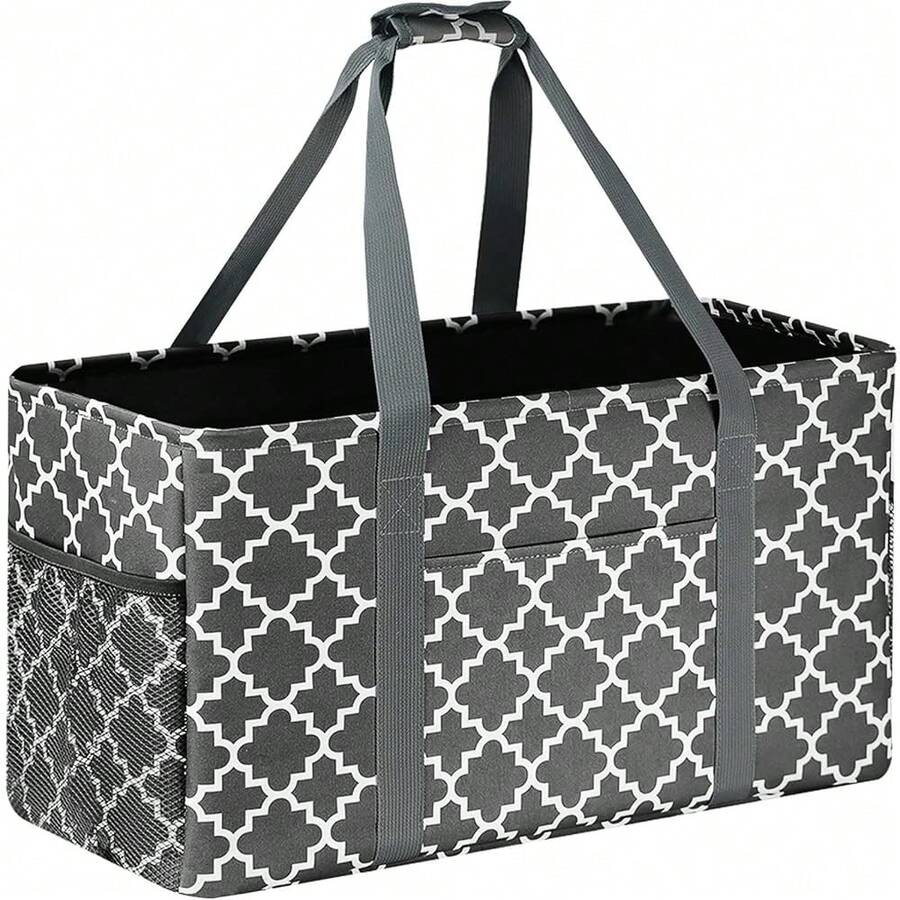 GhvyenntteS Extra Large Utility Tote Bag - Stand Up Utility Tote With Metal Wire Frame & Hard Bottom Board, Reusable Grocery Bags With Handles For Storage, Picnics, Beach, Pool, Laundry, Car, Camping,GreyLattice-1Pack - 灰色格子 - 1 包 - 查看 1