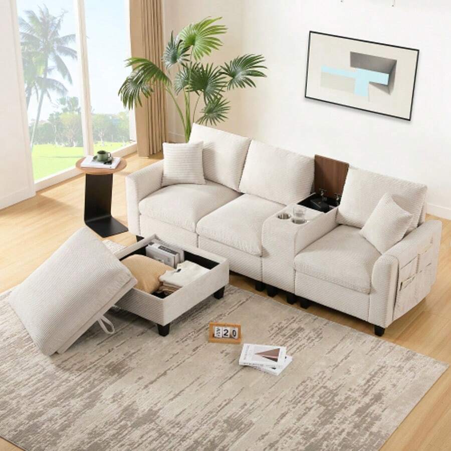 Sofas & Couches - Beige + Corduroy + 4 Seat - View 1