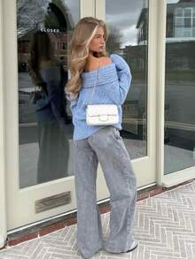 Áo len nữ tay dài trễ vai màu xanh nhạt, chất liệu dệt kim gân, thanh lịch, thời trang cho mặc hàng ngày, áo len mùa thu/đông, trang phục nữ mùa thu đi học, đi chơi tối mùa xuân. - Màu xanh nhạt - Xem 3