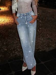 Fashionable Women's Full Rhinestone Embellished Loose Straight Leg Denim Maxi Pants, European And American Style - Light Wash - View 3