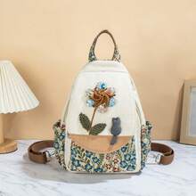1pc (Random Cut) Bohemian Handmade Woven Flower, Leaf, Cat Dual-Use Backpack/Crossbody Bag With Multiple Compartments - Beige - View 7