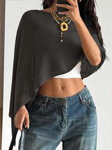 女士不对称披肩领 Y2K 风格蝙蝠袖短款针织上衣，轻薄透气套头毛衣，适合海滩、度假、返校季、春夏穿着 - 黑色 - 查看 3