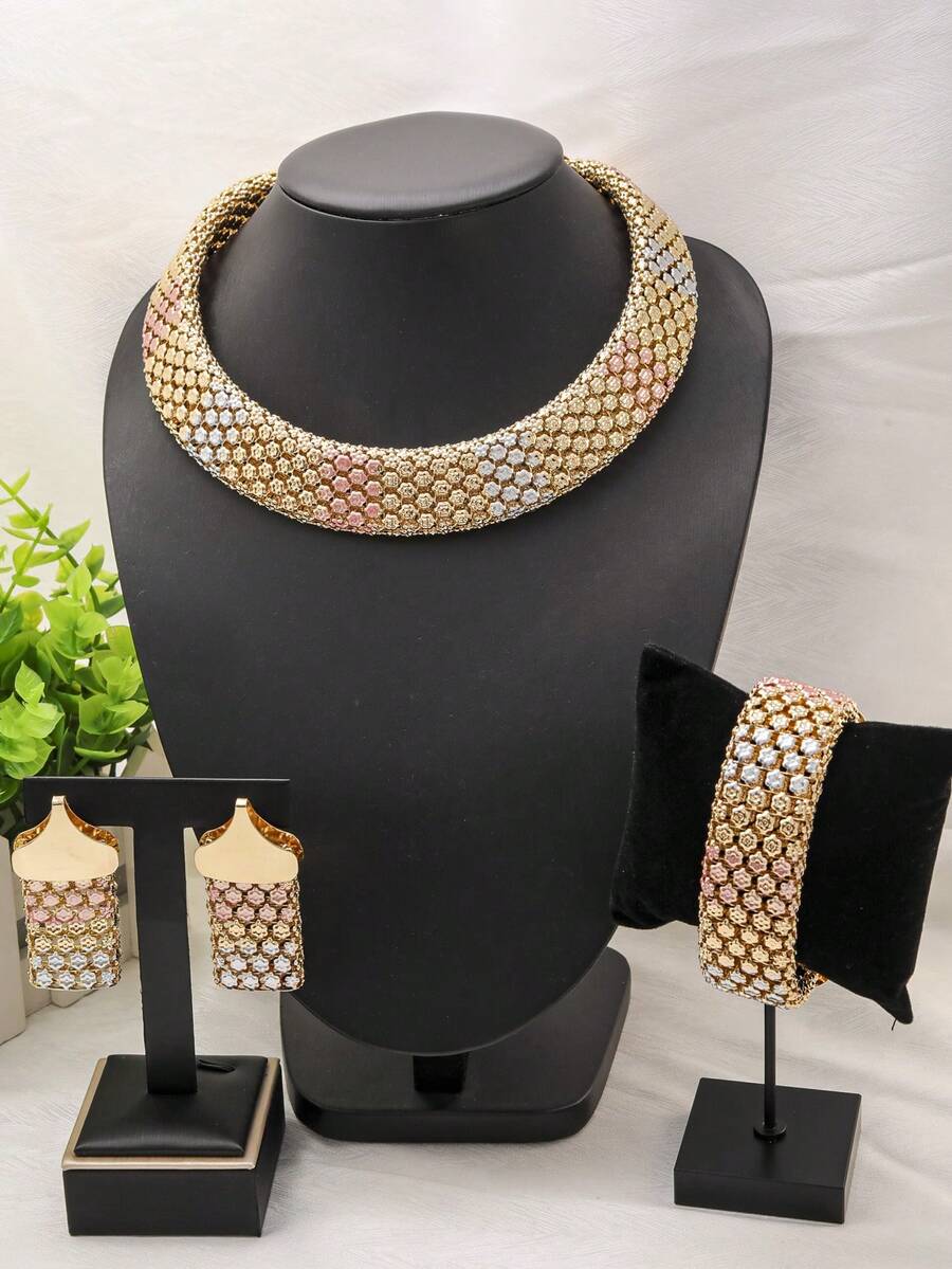 1 set de bijoux vintage dorés pour femmes, fabriqués en matériau composite de fer, comprenant un collier, des boucles d'oreilles et un bracelet colorés, convenant pour les vacances, les mariages et les fêtes - Doré - Voir 1