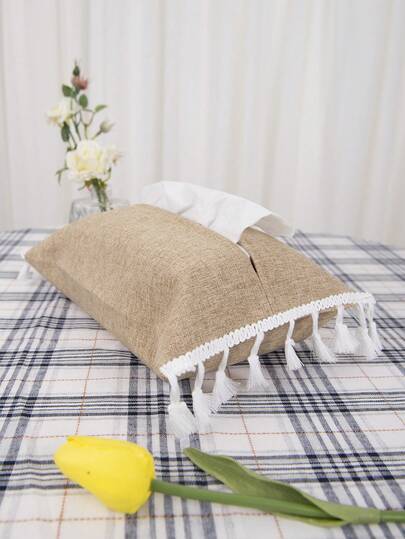 1pc Ins Style Solid Color Tissue Box Cover, Linen Paper Towel Holder For Home, Car, Hotel