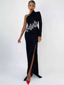 Women's Fashion One Shoulder Maxi Dress Bodycon High Split Crystal Embellished Long Evening Dress Elegant Black Night Out Long Sleeve Cocktail Party Dress Sexy Clothes Fall And Winter - Black - View 8