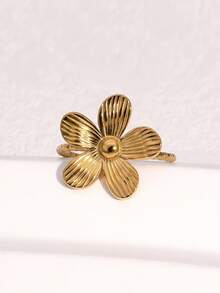 3pcs/Set Fashionable & Elegant Minimalist Floral Design Gold-Plated Stainless Steel Adjustable Rings, Suitable For Women's Daily, Party, And Date Wear - Three Piece Set - View 4