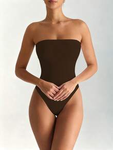 XLLAIS Women's Summer White & Brown Elastic Double-Layer Fabric Casual Bodysuit, Minimalist Style For Daily Wear & Holiday
