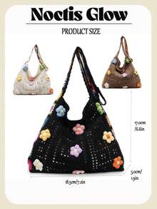 Retro Hand-Crocheted Crossbody Bag Bohemian Hollow-Out Floral Contrast Color Tote Bag Large Capacity Beach Bag Functional Boho Bag For Shopping Travel - 彩色 - 查看 4