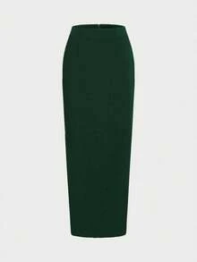 两件套优雅简约假日派对通勤商务套装，女士秋季套装，抹胸露脐上衣和修身中长裙 - 墨綠色 - 查看 8