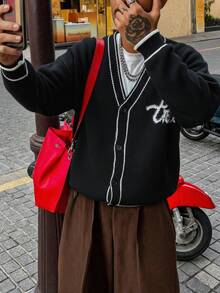 Men's V-Neck Button Striped Knit Cardigan Jacket, Casual Loose Streetwear, Suitable For Spring, Autumn, Winter - Black - View 1