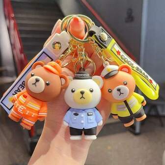 1pc Bear Keychain Pendant, Claw Machine Small Gift, Traffic Bear Small Gift, Keychain