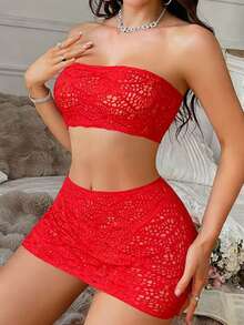 Conjunto de lencería sexy, sujetador transparente y falda corta de encaje jacquard para mujer, ropa interior para club nocturno