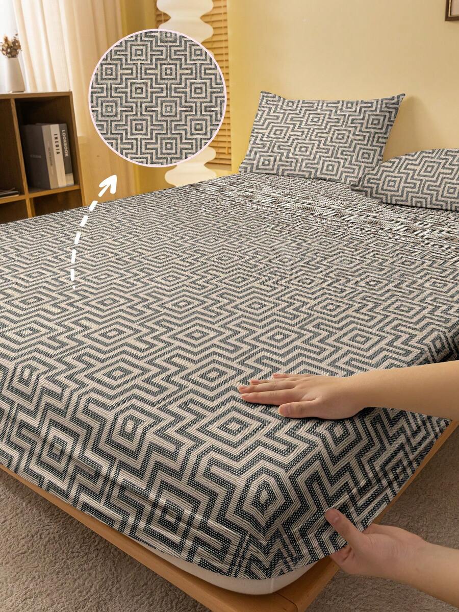 1件简约现代几何迷宫图案印花磨毛床笠，卧室印花床罩，床垫罩，床垫保护套，防尘罩，床上用品（不含枕套） - 彩色 - 查看 1