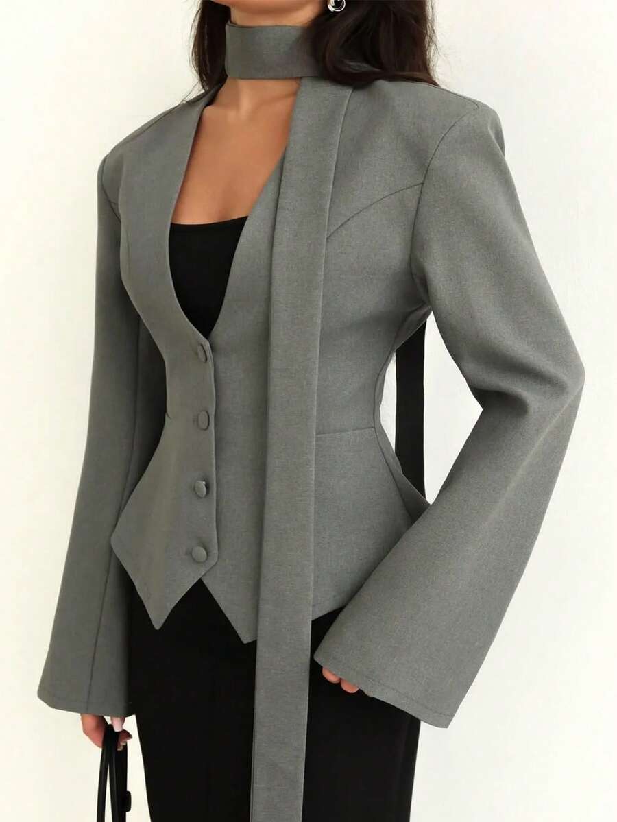 1pc Women's Solid Color Woven Fabric Button Casual/Office Jacket, Spring/Autumn - Grey - View 1