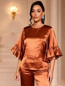 Women's Shiny Brown Half Sleeve Flounce Ruffle Hem Top - Brown - View 3