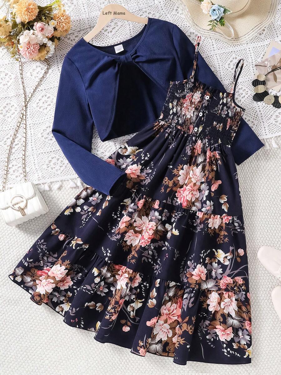 Left Mama Tween Girls Long Sleeve Top & Floral Strap Dress, Spring/Autumn - Navy Blue - View 1