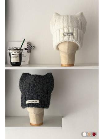 Gorro de punto con orejas de gato para mujer, orejeras gruesas y cálidas, gorro de invierno lindo, adecuado para circunferencia de cabeza grande