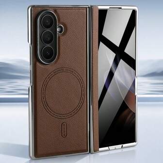 Aunote 1 st svart/brunt lyxigt litchi-kornigt PU-läder, magnetiskt, automatiskt infällbart, vikbart telefonskal, elektropläterad ram, automatiskt infällbart gångjärn, 2-i-1 elektropläterad PC-ram och skärmskydd i härdat glas, starkt magnetiskt sug, stöd för trådlös laddning, bilfäste, lämplig för Samsung Galaxy Z Fold7, unisex present