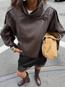 New Vintage Bomber Leather Jacket, Solid Color Casual Zipper Pocket Jacket, Regular Fit - Brown - View 5