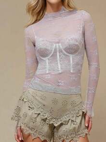 Women's Sheer Lace Mesh Top, Fashionable Slim Fit Long Sleeve Faux Collar Floral Blouse, Casual Outing T-Shirt - 瑪瑙 - 查看 1
