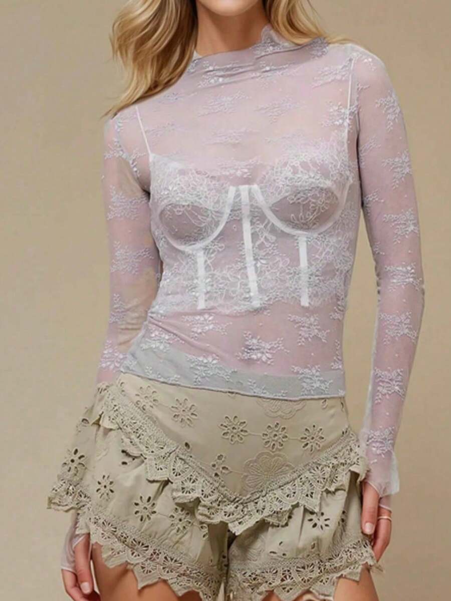 Women's Sheer Lace Mesh Top, Fashionable Slim Fit Long Sleeve Faux Collar Floral Blouse, Casual Outing T-Shirt - 瑪瑙 - 查看 1