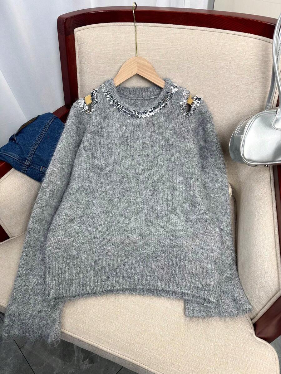 Wixra Jersey de lentejuelas con hombros descubiertos y mangas raglán, atuendo festivo - Gris - Ver 1