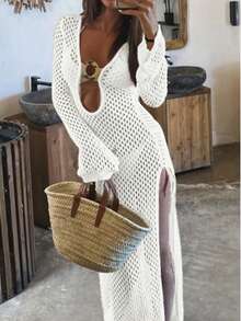 FOR BEAUTY 白色新款女士连衣裙，蜜月和婚礼季海滩度假风，性感透视镂空连衣裙，波西米亚风深V领长袖针织罩衫，适合狂欢节、新年、情人节等场合。