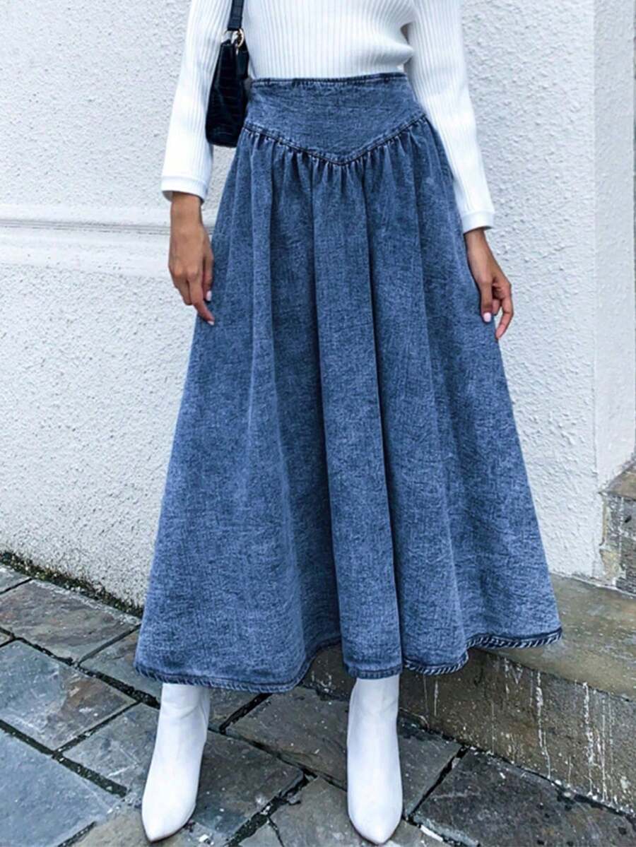 Women's Slimming Tuck In The Abdomen Denim Skirt - Bodycon Long Skirt With Back Zipper, Elegant Casual Style