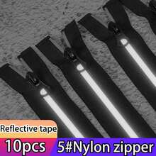 10pcs #5 Nylon Reflective Strips Zippers For Outdoor Jackets, Protective Clothing, DIY Sewing Accessories - #5 Nylon Zipper - View 1